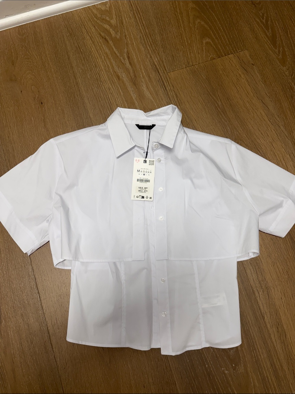 Zara White Short-Sleeve Layered Button-Down Shirt medium NWT